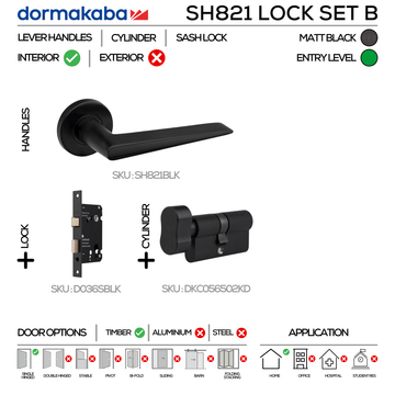 SH821 KNOB Lockset B, Lever Handles, Solid, On Round Rose, With Escutcheons, 137mm (l), Matt Black, Sash Lock & Knob Cylinder Set, DORMAKABA