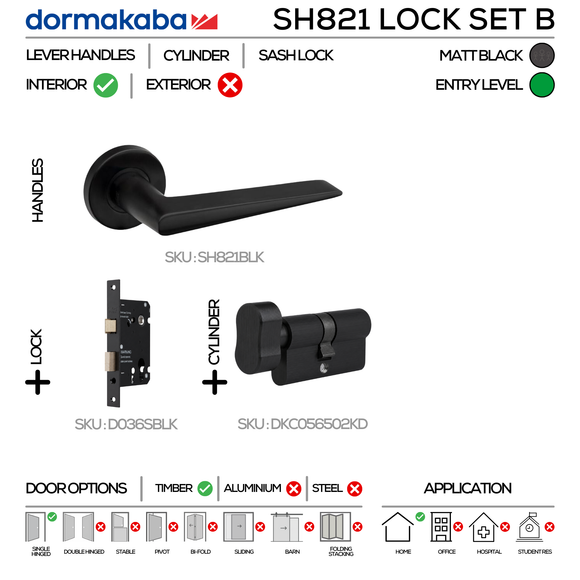 SH821 KNOB Lockset B, Lever Handles, Solid, On Round Rose, With Escutcheons, 137mm (l), Matt Black, Sash Lock & Knob Cylinder Set, DORMAKABA
