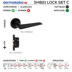 SH821 Key Lockset C, Lever Handles, Solid, On Round Rose, With Escutcheons, 137mm (l), Matt Black, 3L Sash Lock Set, DORMAKABA