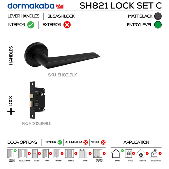 SH821 Key Lockset C, Lever Handles, Solid, On Round Rose, With Escutcheons, 137mm (l), Matt Black, 3L Sash Lock Set, DORMAKABA