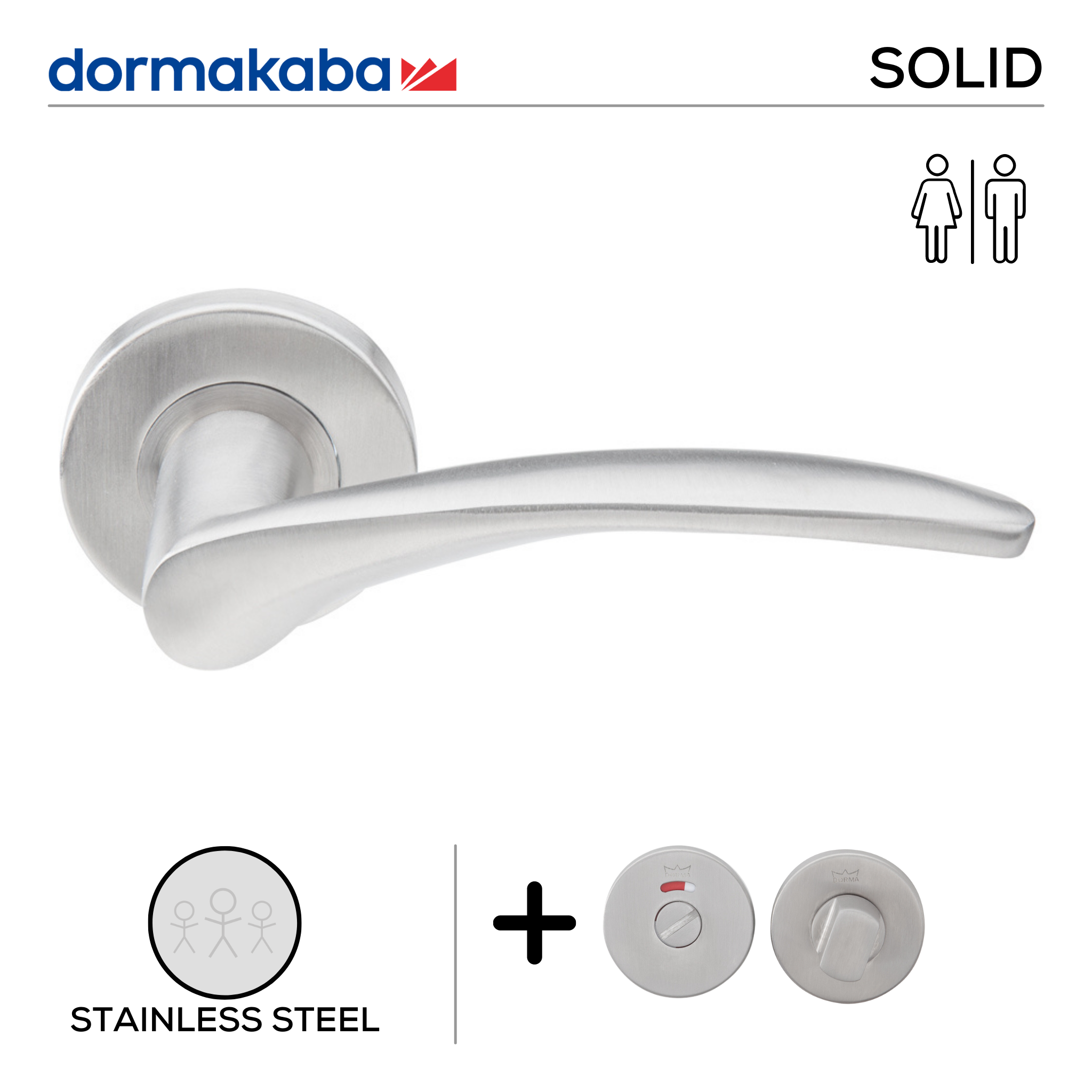 SH 822 Bathroom W/C, Lever Handles, Solid, On Round Rose, With Bathroom (WC) Indicator Set - DWC 005, 135mm (l), Stainless Steel, DORMAKABA