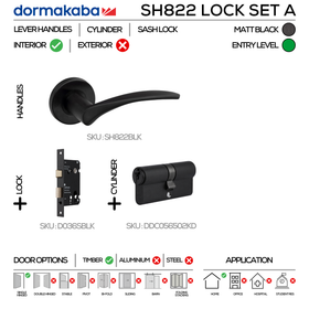 SH822 Cylinder Lockset A, Lever Handles, Solid, On Round Rose, With Escutcheons, 137mm (l), Matt Black, Sash Lock & Euro Cylinder Set, DORMAKABA