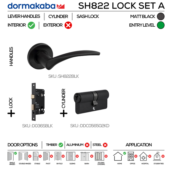 SH822 Cylinder Lockset A, Lever Handles, Solid, On Round Rose, With Escutcheons, 137mm (l), Matt Black, Sash Lock & Euro Cylinder Set, DORMAKABA