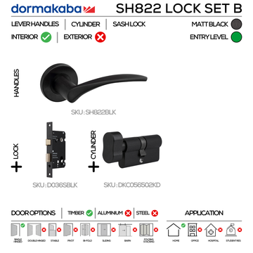 SH822 KNOB Lockset B, Lever Handles, Solid, On Round Rose, With Escutcheons, 137mm (l), Matt Black, Sash Lock & Knob Cylinder Set, DORMAKABA