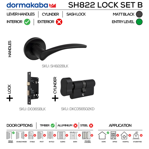 SH822 KNOB Lockset B, Lever Handles, Solid, On Round Rose, With Escutcheons, 137mm (l), Matt Black, Sash Lock & Knob Cylinder Set, DORMAKABA