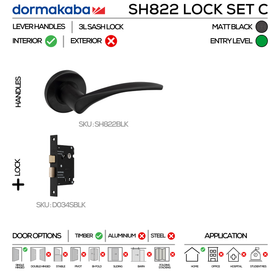 SH822 Key Lockset C, Lever Handles, Solid, On Round Rose, With Escutcheons, 137mm (l), Matt Black, 3L Sash Lock Set, DORMAKABA