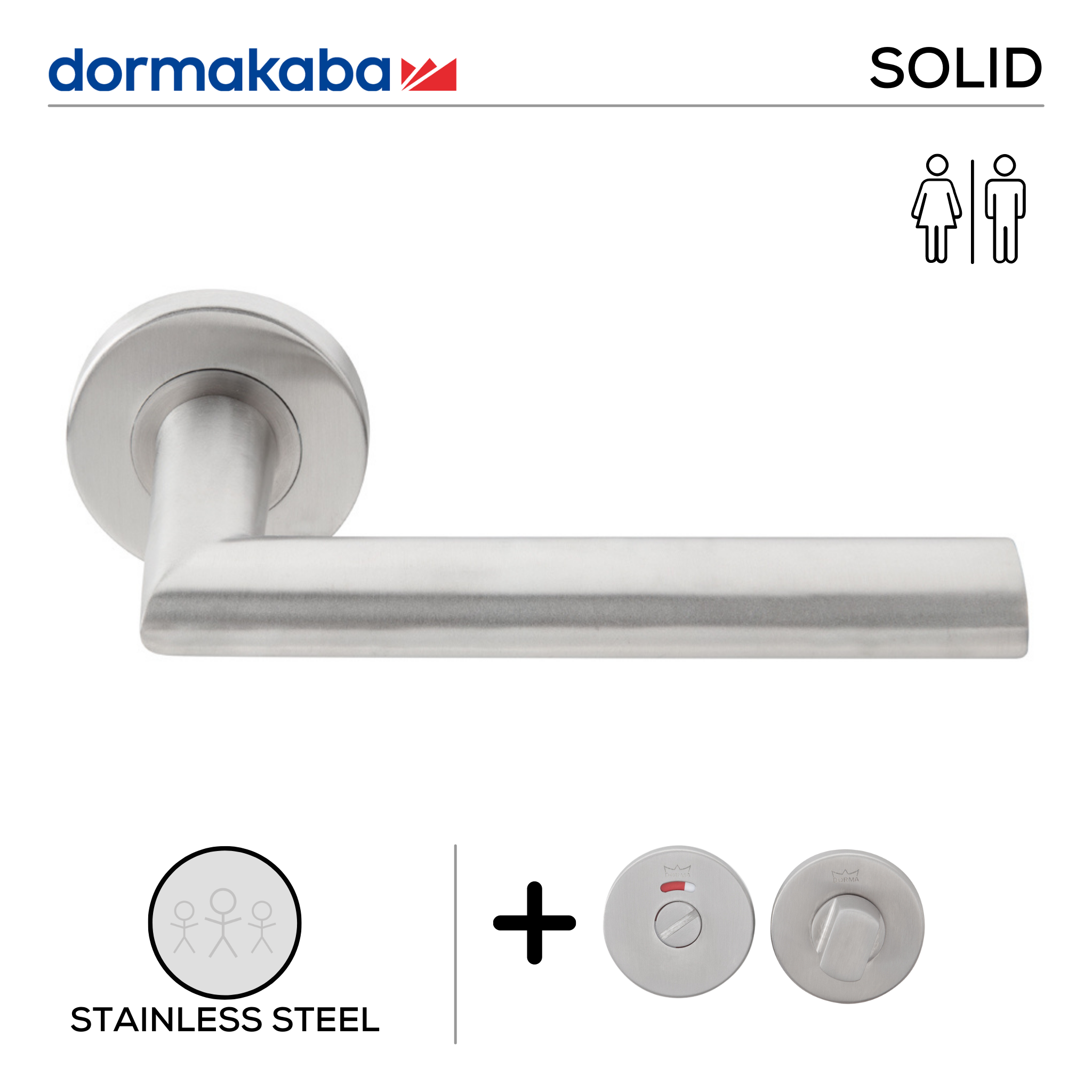 SH 823 Bathroom W/C, Lever Handles, Solid, On Round Rose, With Bathroom (WC) Indicator Set - DWC 005, 151mm (l), Stainless Steel, DORMAKABA