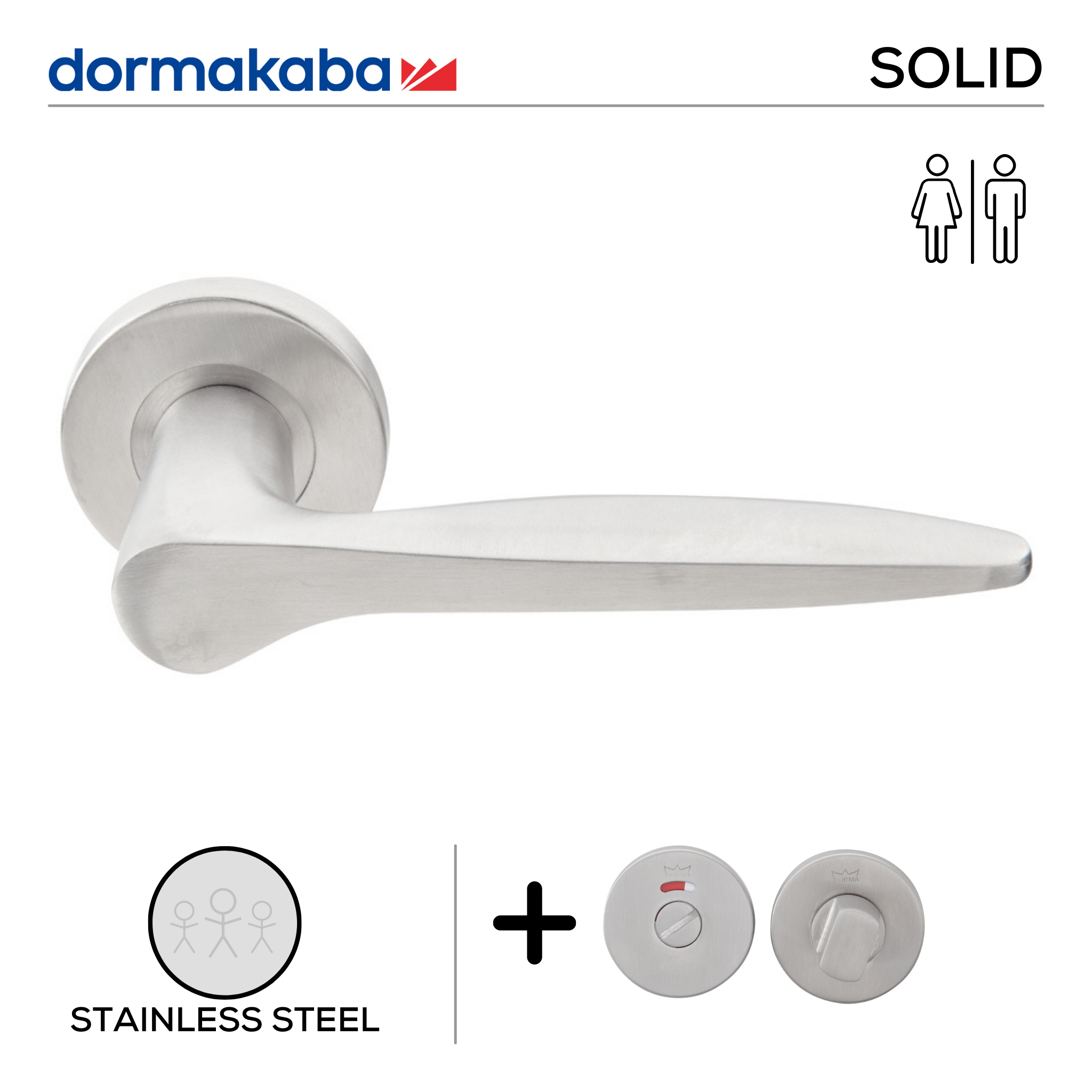 SH 825 Bathroom W/C, Lever Handles, Solid, On Round Rose, With Bathroom (WC) Indicator Set - DWC 005, 145mm (l), Stainless Steel, DORMAKABA