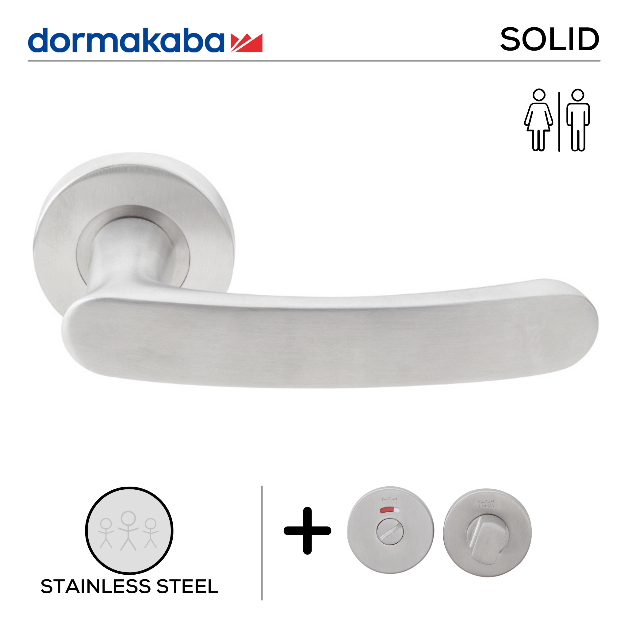 SH 827 Bathroom W/C, Lever Handles, Solid, On Round Rose, With Bathroom (WC) Indicator Set - DWC 005, 137mm (l), Stainless Steel, DORMAKABA