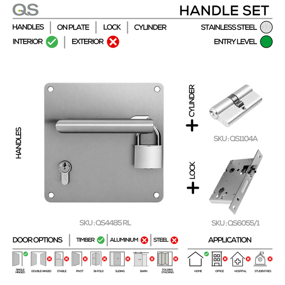 QS Stainless Steel Backplate Lever Handles for commercial security doors, main product view with strong stainless style, left or right hand.