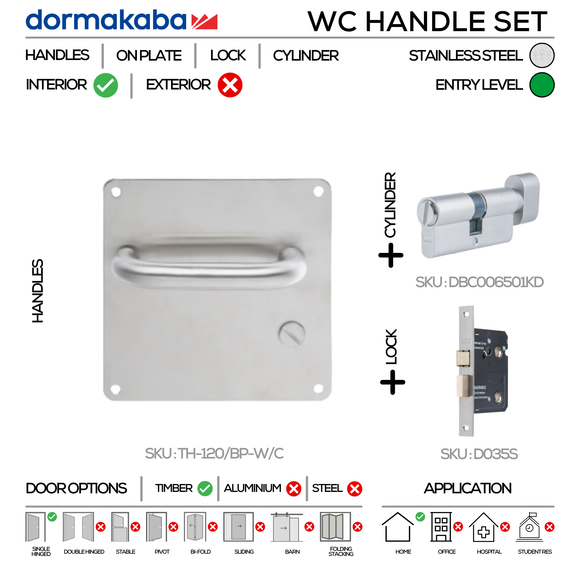 DORMAKABA Stainless Steel Door Lock for commercial doors, main product view with strong stainless style, left or right hand.