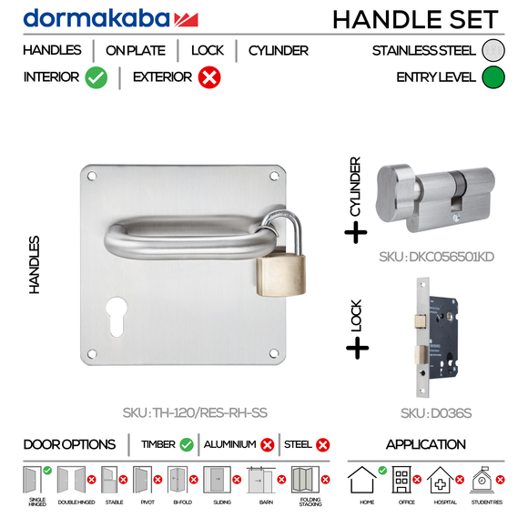 DORMAKABA Stainless Steel Cylinder Lock main product view; clean stainless confidence for a better door setup, left or right hand.