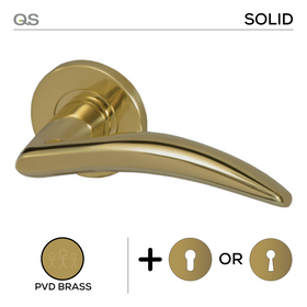 Juniper PVD, Lever Handles, Solid, On Round Rose, With Escutcheons, PVD Brass, QS