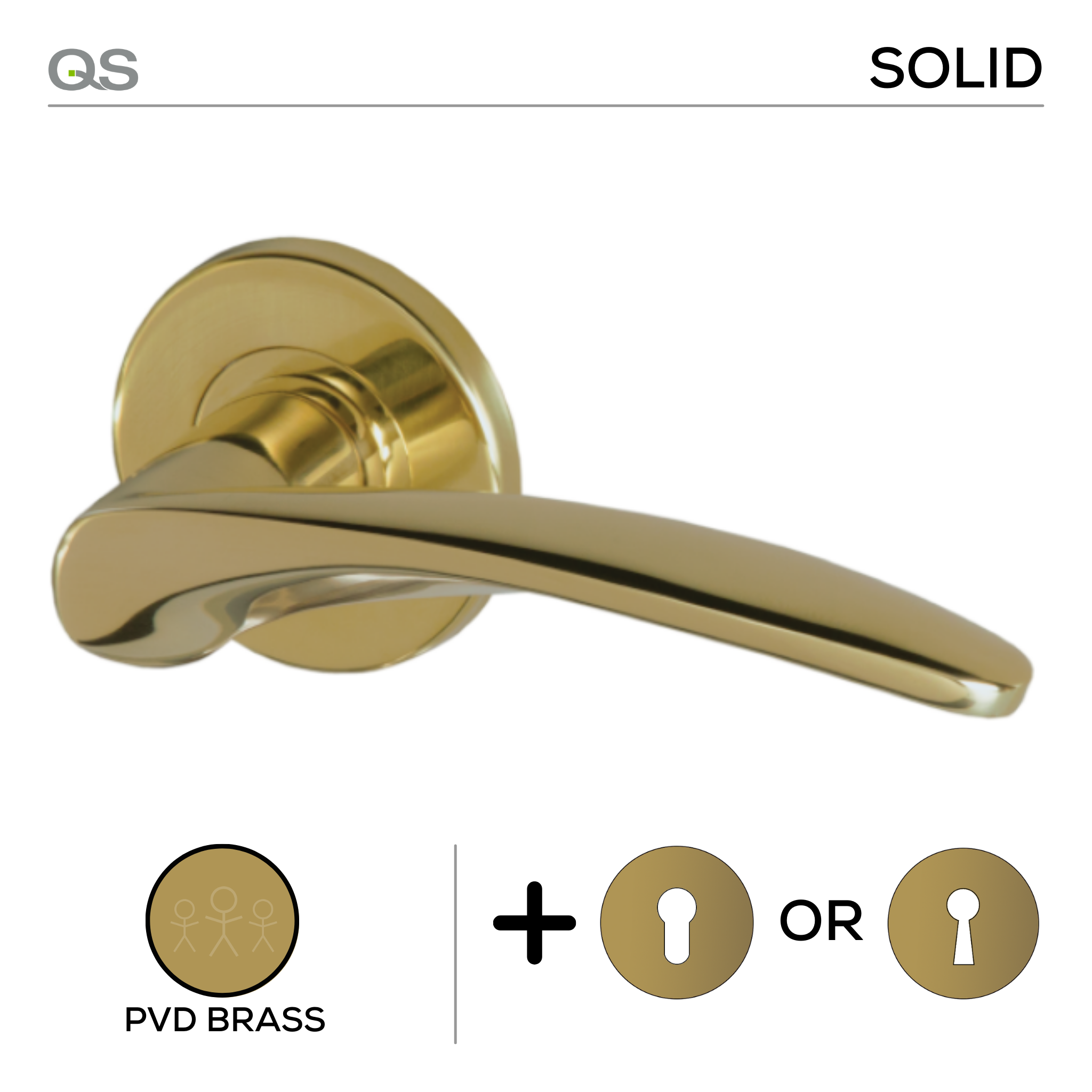 Molo PVD, Lever Handles, Solid, On Round Rose, With Escutcheons, PVD Brass, QS