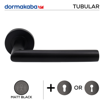 Main product view of DORMAKABA Matt Black Lever Handle, made for patio and sliding doors with dark, sleek, and ready to stand out.