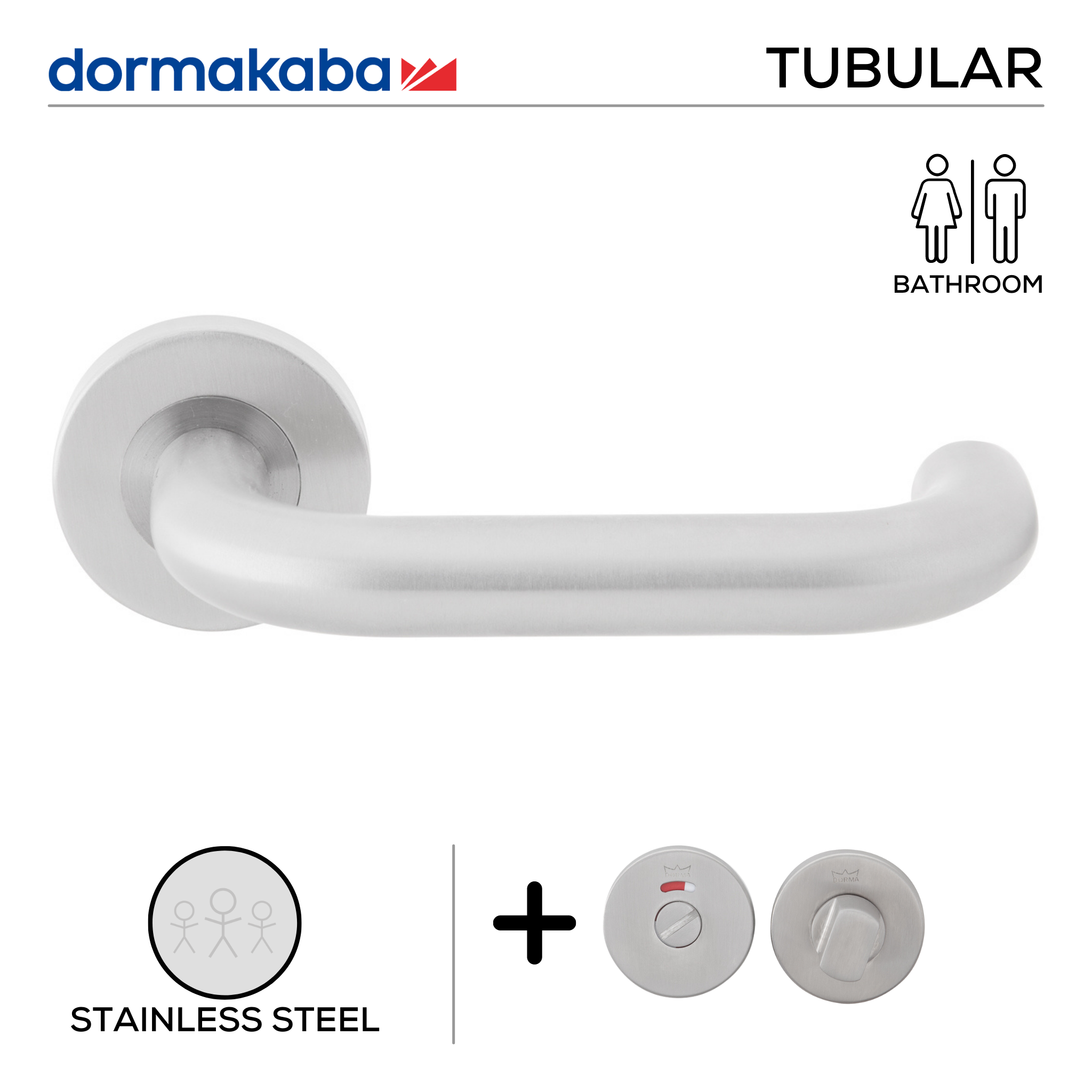 TH 120 Bathroom W/C, Lever Handles, Tubular, On Round Rose, With Bathroom (WC) Indicator Set - DWC 005, 155mm (l), Stainless Steel, DORMAKABA