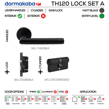 TH120 Cylinder Lockset A, Lever Handles, Tubular, On Round Rose, With Escutcheons, 137mm (l), Matt Black, Sash Lock & Euro Cylinder Set, DORMAKABA