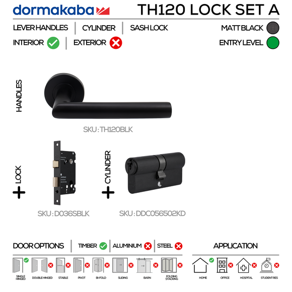 TH120 Cylinder Lockset A, Lever Handles, Tubular, On Round Rose, With Escutcheons, 137mm (l), Matt Black, Sash Lock & Euro Cylinder Set, DORMAKABA