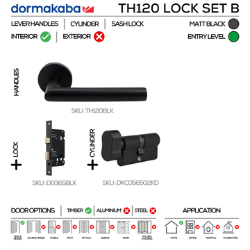 TH120 KNOB Lockset B, TLever Handles, Tubular, On Round Rose, With Escutcheons, 137mm (l), Matt Black, Sash Lock & Knob Cylinder Set, DORMAKABA
