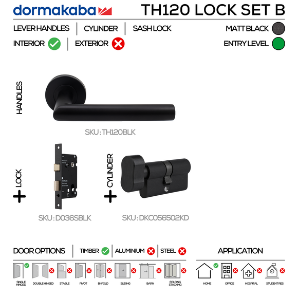 TH120 KNOB Lockset B, TLever Handles, Tubular, On Round Rose, With Escutcheons, 137mm (l), Matt Black, Sash Lock & Knob Cylinder Set, DORMAKABA