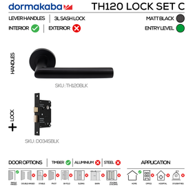 TH120 Key Lockset C, Lever Handles, Tubular, On Round Rose, With Escutcheons, 137mm (l), Matt Black, 3L Sash Lock Set, DORMAKABA