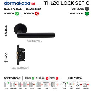 TH120 Key Lockset C, Lever Handles, Tubular, On Round Rose, With Escutcheons, 137mm (l), Matt Black, 3L Sash Lock Set, DORMAKABA