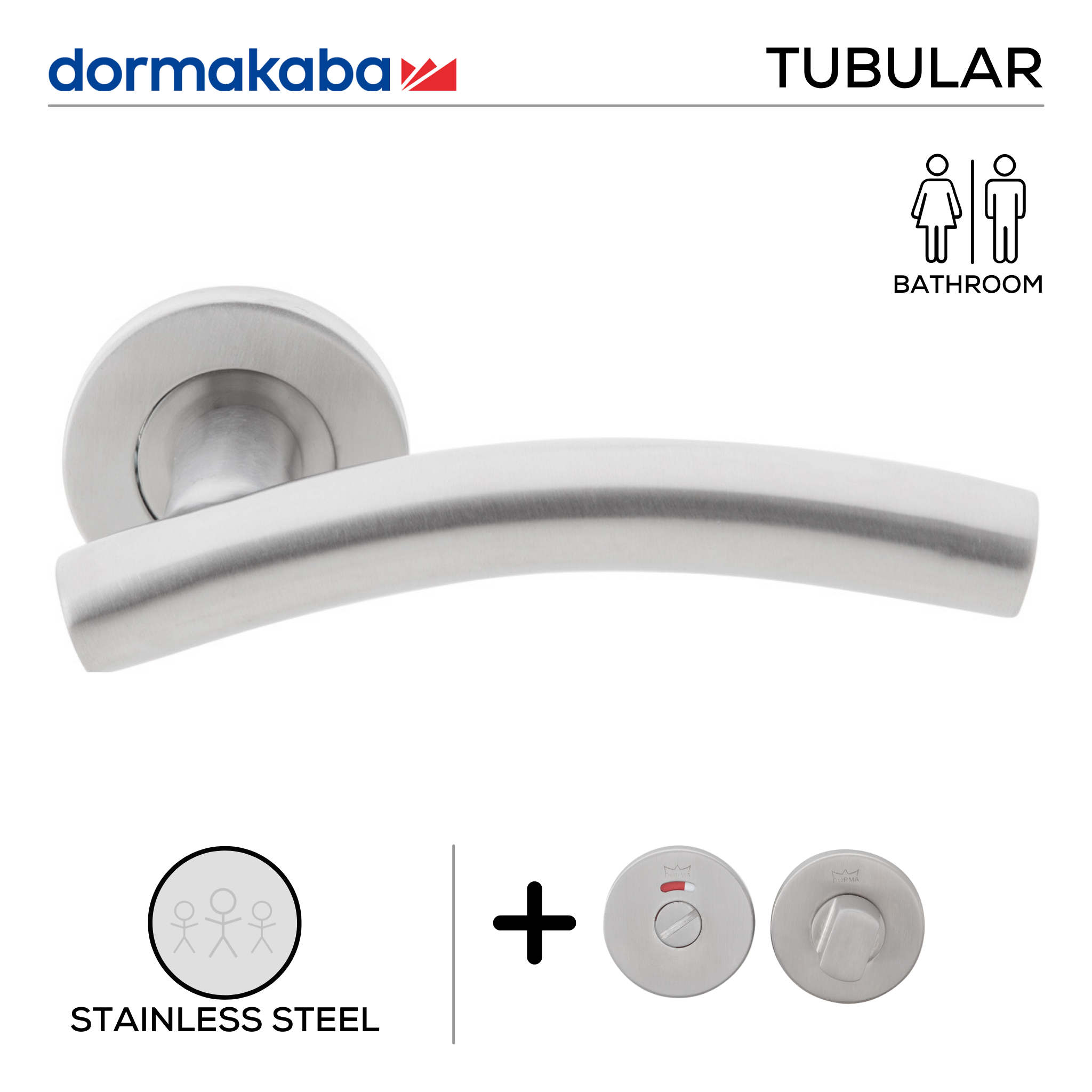 TH 121 Bathroom W/C, Lever Handles, Tubular, On Round Rose, With Bathroom (WC) Indicator Set - DWC 005, 137mm (l), Stainless Steel, DORMAKABA