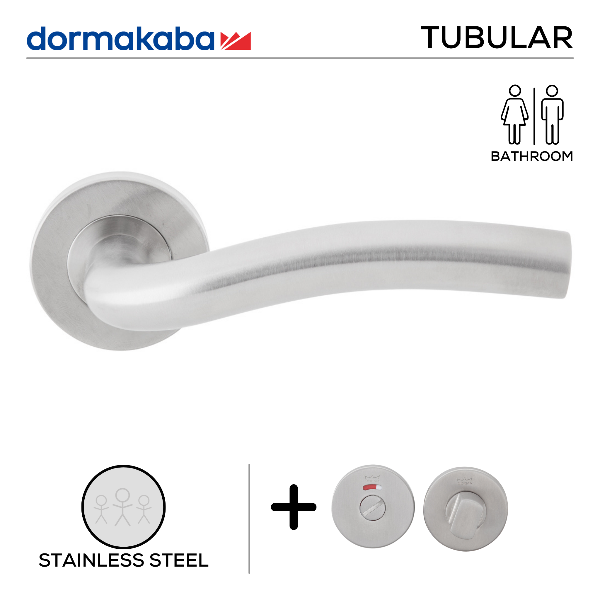 TH 122 Bathroom W/C, Lever Handles, Tubular, On Round Rose, With Bathroom (WC) Indicator Set - DWC 005, 148mm (l), Stainless Steel, DORMAKABA