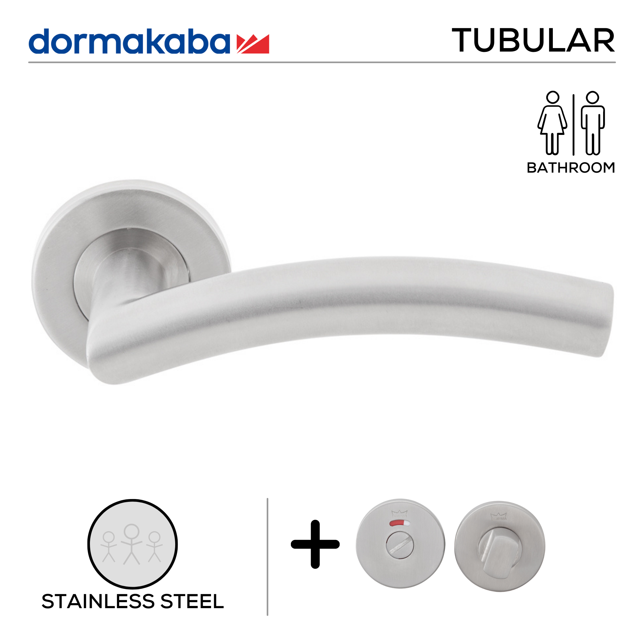TH 123 Bathroom W/C, Lever Handles, Tubular, On Round Rose, With Bathroom (WC) Indicator Set - DWC 005, 143mm (l), Stainless Steel, DORMAKABA