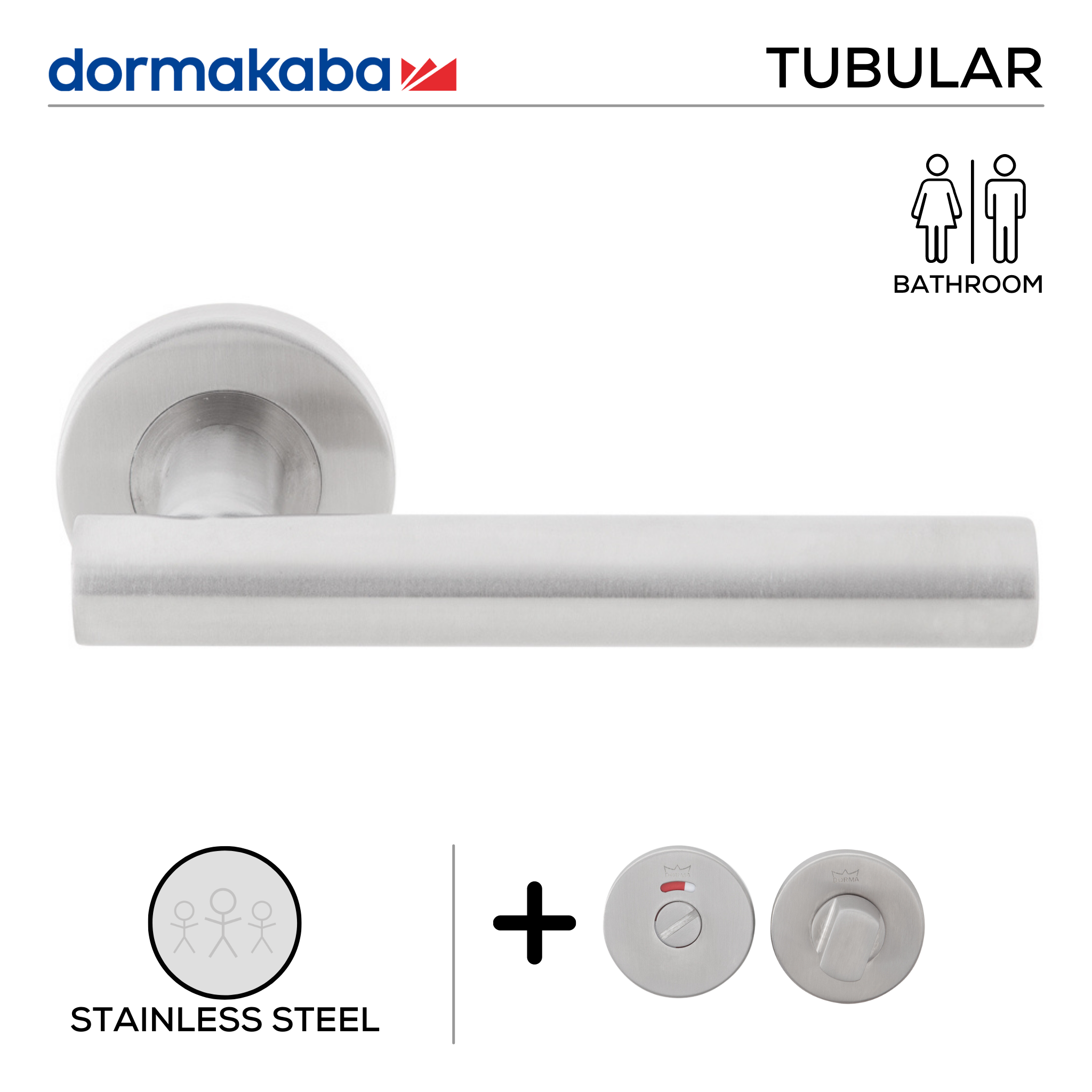 TH 124 Bathroom W/C, Lever Handles, Tubular, On Round Rose, With Bathroom (WC) Indicator Set - DWC 005, 137mm (l), Stainless Steel, DORMAKABA