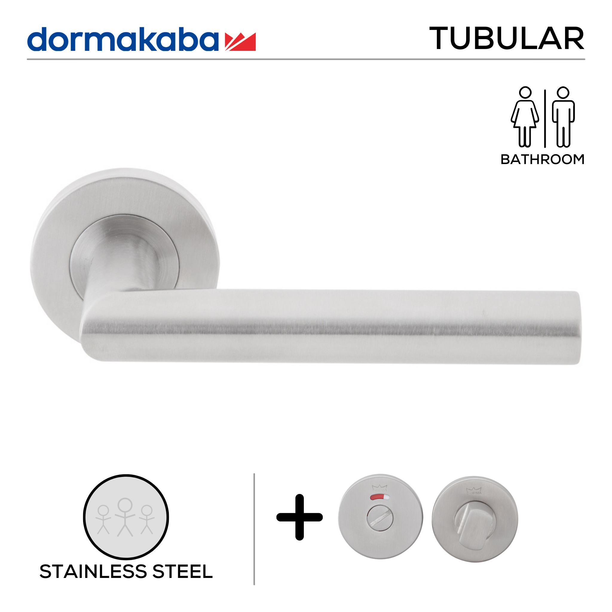 TH 125 Bathroom W/C, Lever Handles, Tubular, On Round Rose, With Bathroom (WC) Indicator Set - DWC 005, 143mm (l), Stainless Steel, DORMAKABA