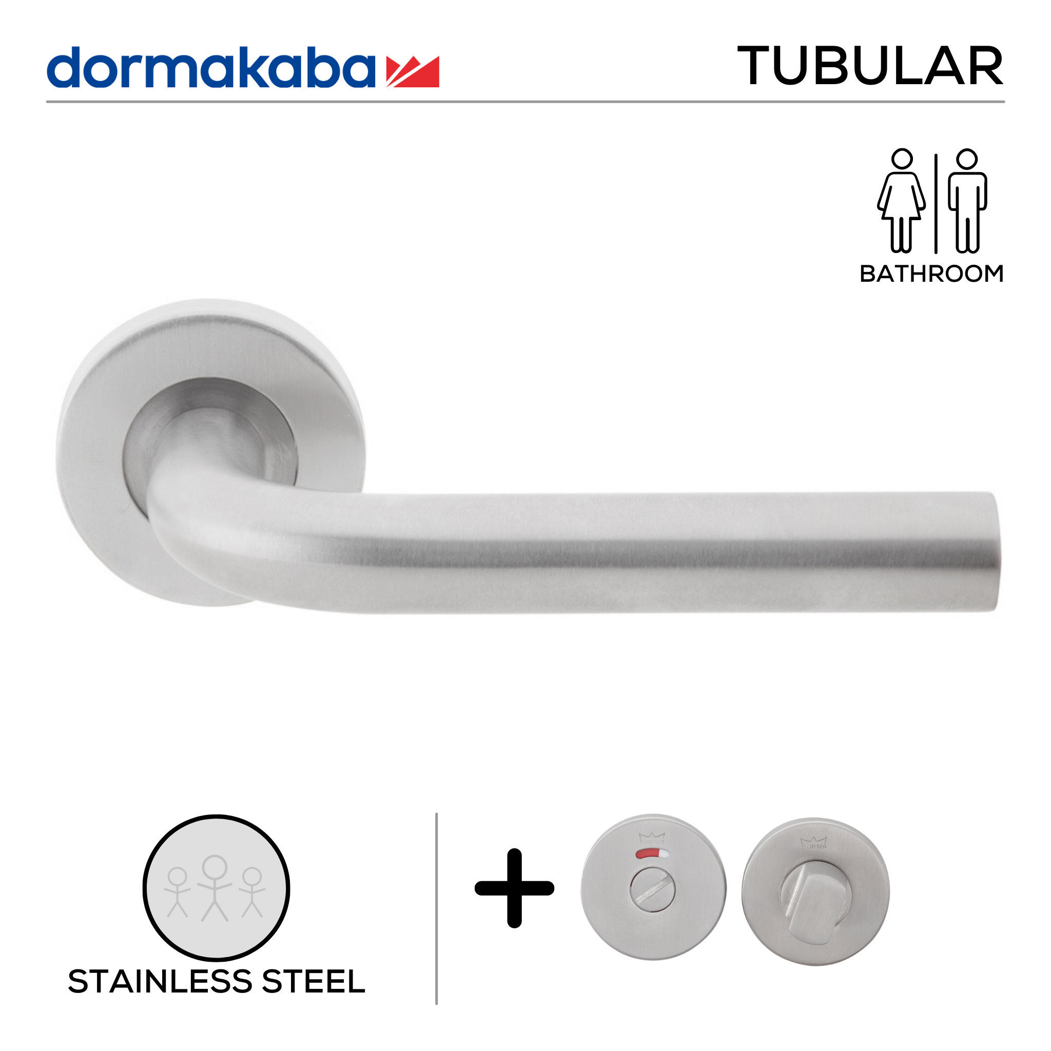 TH 126 Bathroom W/C, Lever Handles, Tubular, On Round Rose, With Bathroom (WC) Indicator Set - DWC 005, 148mm (l), Stainless Steel, DORMAKABA