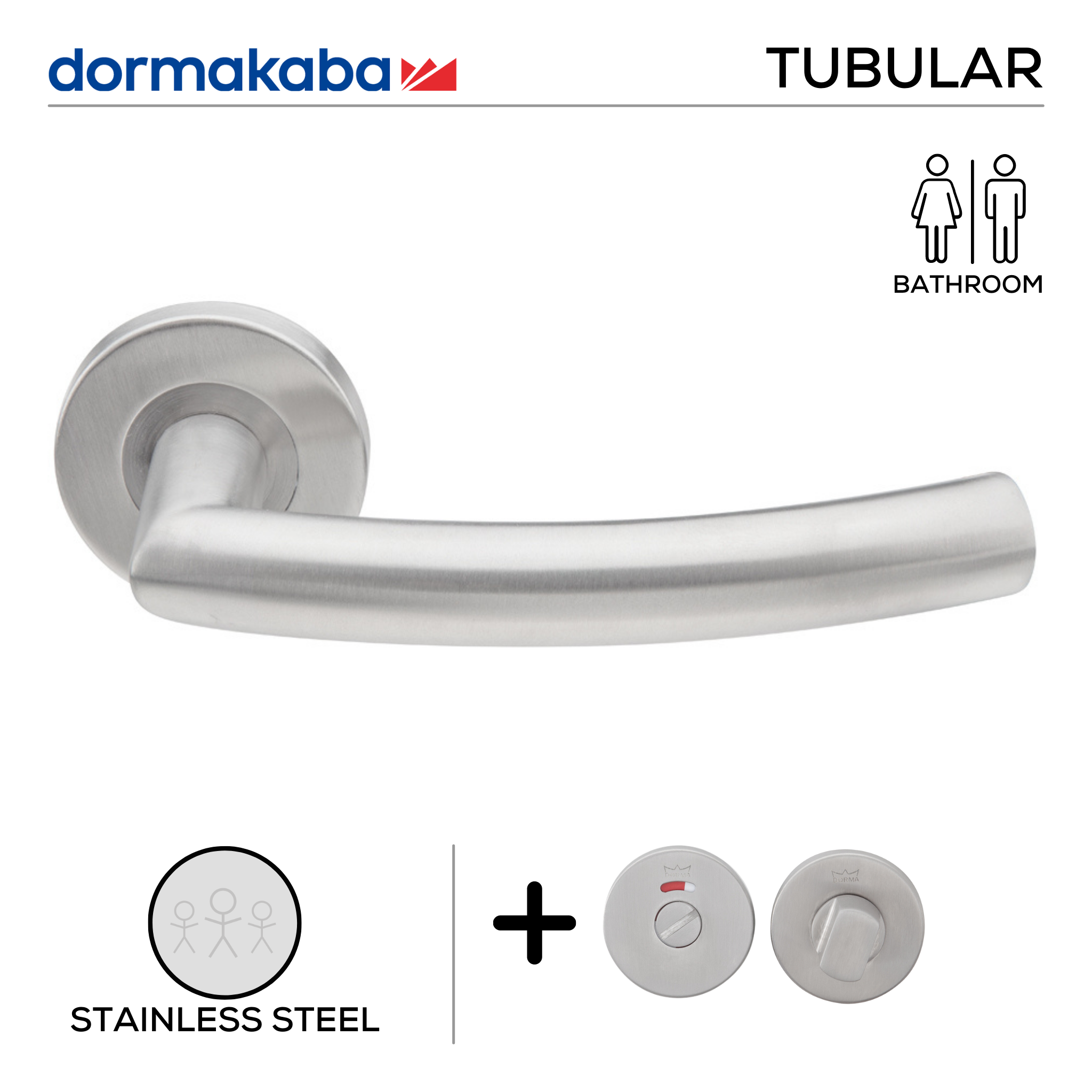 TH 128 Bathroom W/C, Lever Handles, Tubular, On Round Rose, With Bathroom (WC) Indicator Set - DWC 005, 152mm (l), Stainless Steel, DORMAKABA