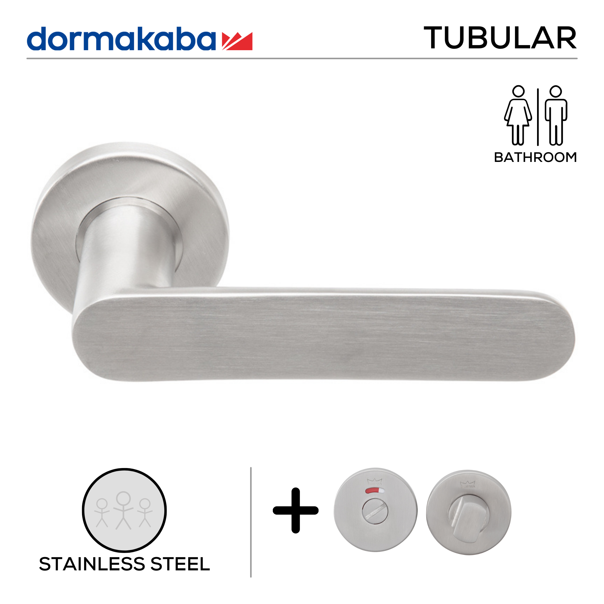 TH 132 Bathroom W/C, Lever Handles, Tubular, On Round Rose, With Bathroom (WC) Indicator Set - DWC 005, 140mm (l), Stainless Steel, DORMAKABA