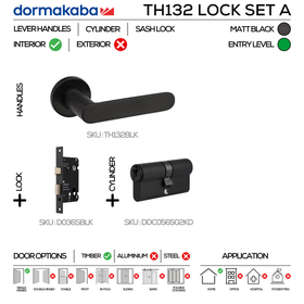 TH132 Cylinder Lockset A, Lever Handles, Tubular, On Round Rose, With Escutcheons, 137mm (l), Matt Black, Sash Lock & Euro Cylinder Set, DORMAKABA