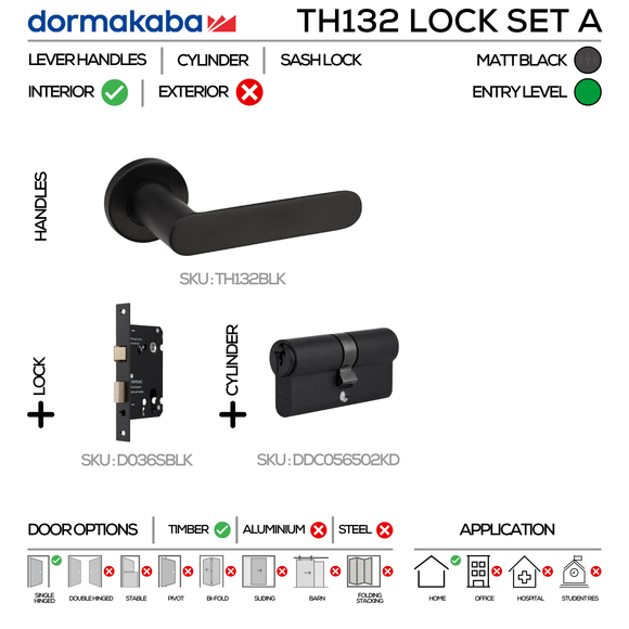 TH132 Cylinder Lockset A, Lever Handles, Tubular, On Round Rose, With Escutcheons, 137mm (l), Matt Black, Sash Lock & Euro Cylinder Set, DORMAKABA