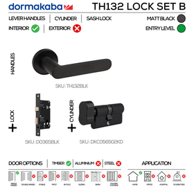 TH132 KNOB Lockset B, Lever Handles, Tubular, On Round Rose, With Escutcheons, 137mm (l), Matt Black, Sash Lock & Knob Cylinder Set, DORMAKABA