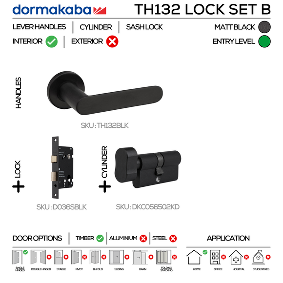 TH132 KNOB Lockset B, Lever Handles, Tubular, On Round Rose, With Escutcheons, 137mm (l), Matt Black, Sash Lock & Knob Cylinder Set, DORMAKABA