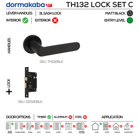 TH132 Key Lockset C, Lever Handles, Tubular, On Round Rose, With Escutcheons, 137mm (l), Matt Black, 3L Sash Lock Set, DORMAKABA
