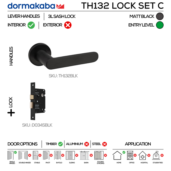 TH132 Key Lockset C, Lever Handles, Tubular, On Round Rose, With Escutcheons, 137mm (l), Matt Black, 3L Sash Lock Set, DORMAKABA