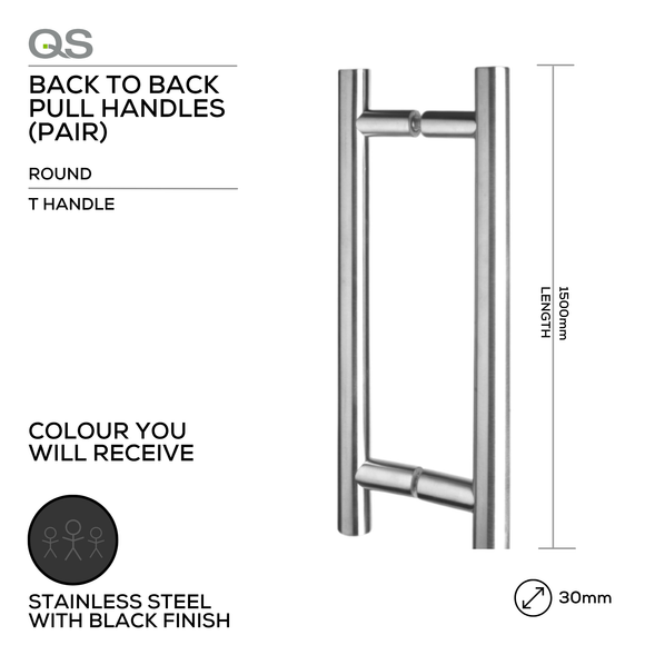 QS2510BTB 1.5, T Handle, Pull Handle, Round, T Handle, BTB, 30mm (Ø) x 1500mm (l), Matt Black, QS