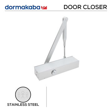 DORMAKABA Silver Door Closer for commercial doors, main product view with clean, clever, and ready to work, Up to 120kg.