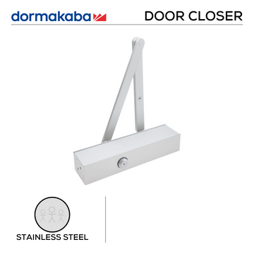 DORMAKABA Silver Door Closer for Heavy Duty, main product view with clean, clever, and ready to work, Up to 140kg.