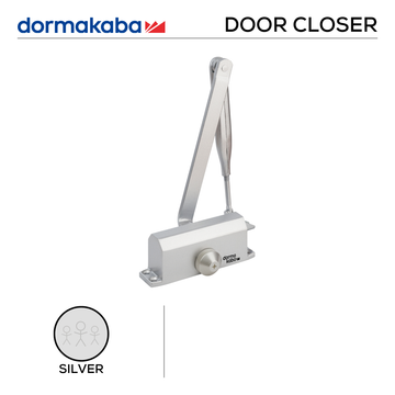 DORMAKABA Silver Door Closer for Residential, main product view with clean, clever, and ready to work, Up to 40kg.