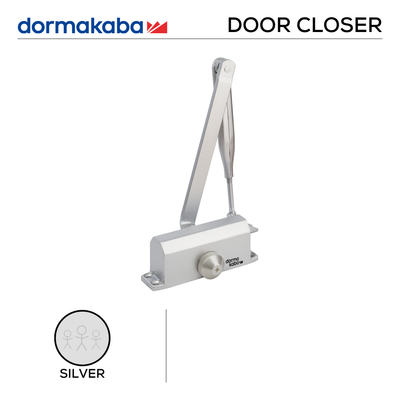 DORMAKABA Silver Door Closer for Residential, main product view with clean, clever, and ready to work, Up to 40kg.