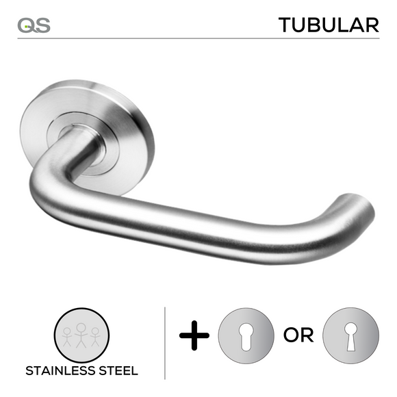 Coupe  Kiruna -Rose, Lever Handles, Tubular, Round Rose, With Escutcheons, Stainless Steel, QS