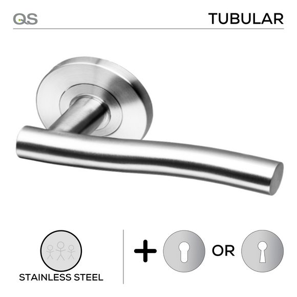 Coupe  Namsos -Rose, Lever Handles, Tubular, Round Rose, With Escutcheons, Stainless Steel, QS