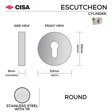 Main product view of CISA Stainless Steel Cylinder Lock, made for doors with tough stainless shine, 53mm (h) x 53mm (w).