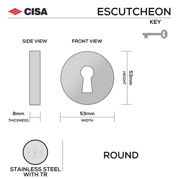 CISA Stainless Steel Escutcheon for doors, main product view with strong stainless style, 53mm (h) x 53mm (w).