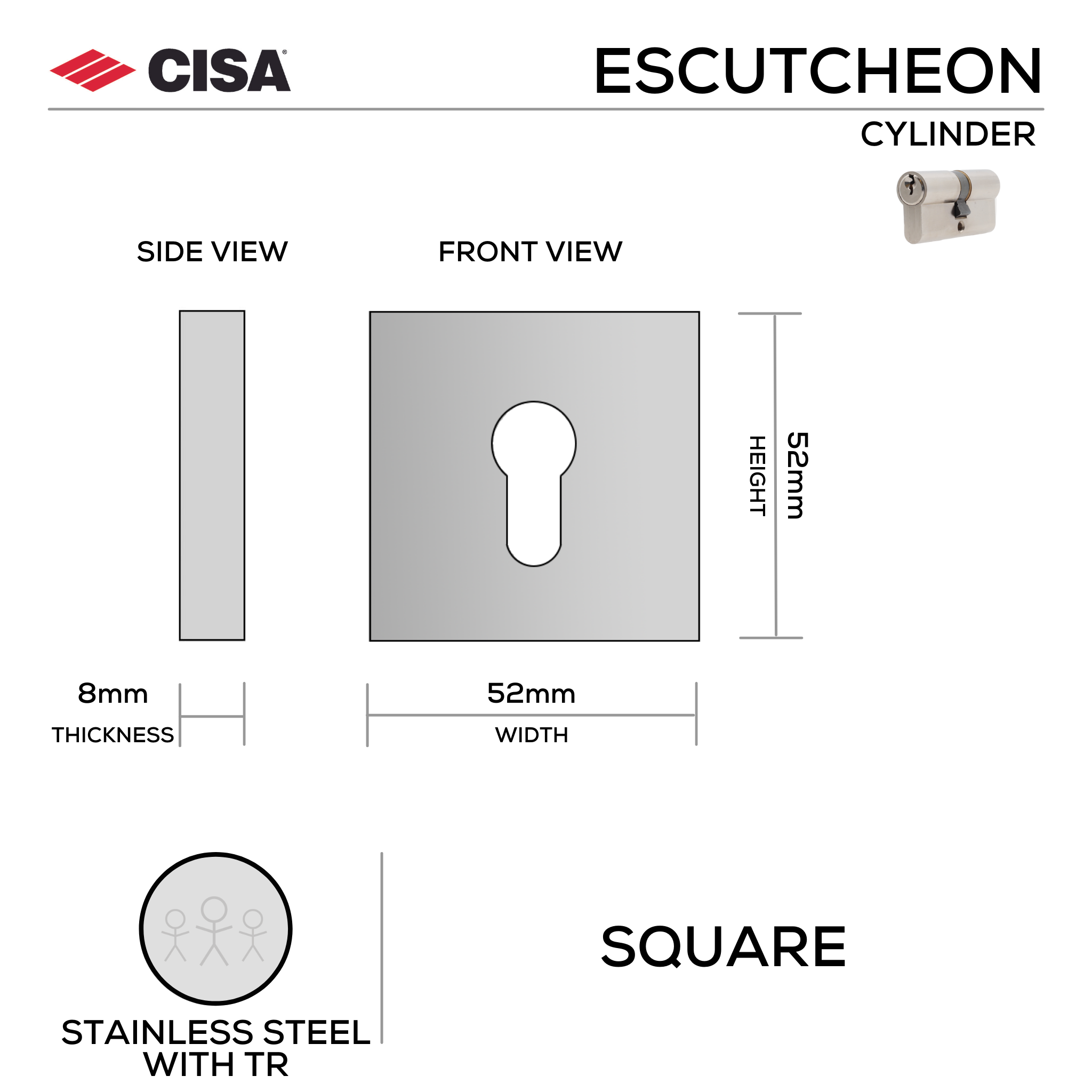 FE.S.C.TR, Cylinder Escutcheon, Square Rose, 52mm (h) x 52mm (w) x 8mm (t), Tarnish Resistant, CISA